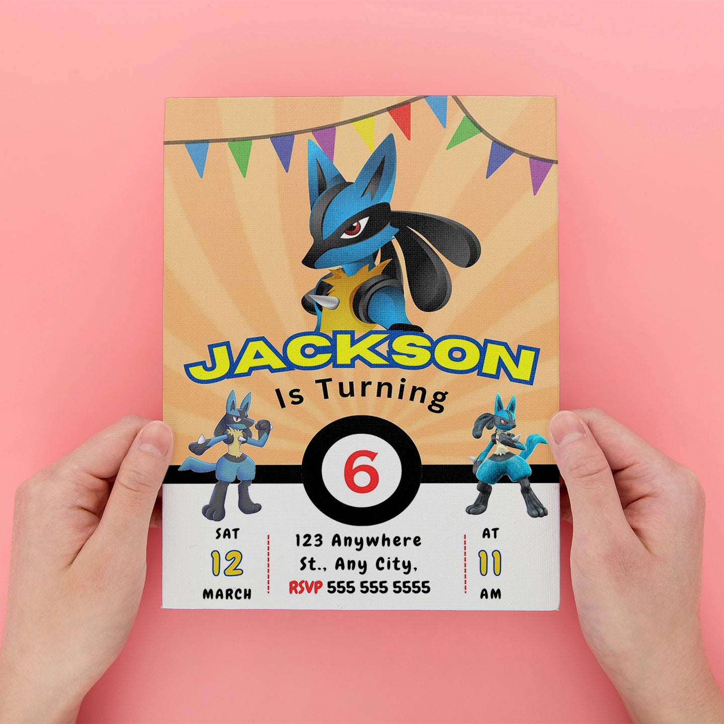 Lucario Pokemon Birthday Party Invitation Template - CreativeRino