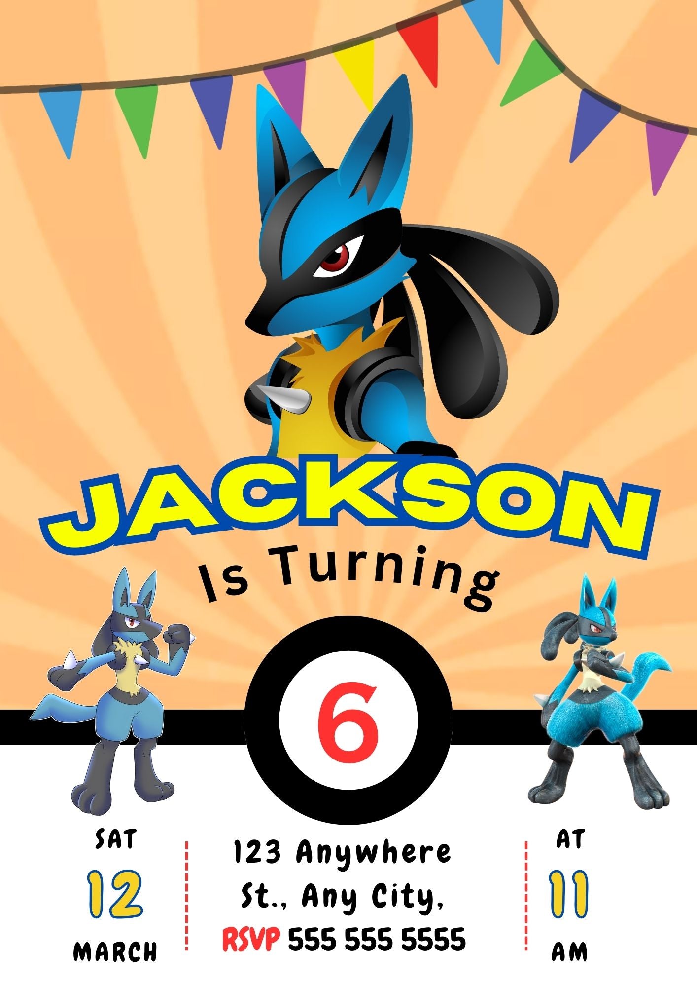 Lucario Pokemon Birthday Party Invitation Template - CreativeRino