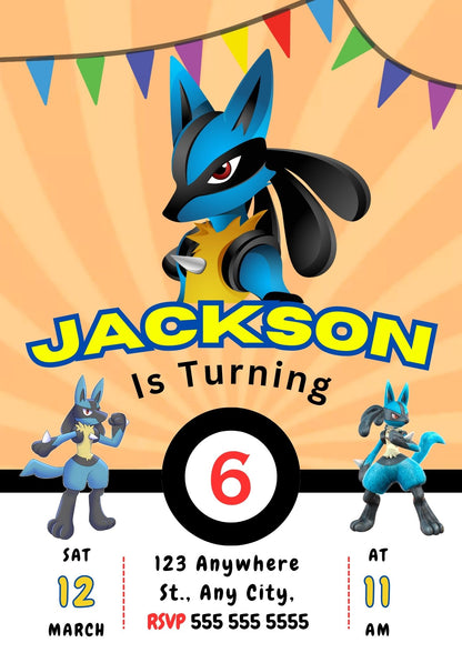 Lucario Pokemon Birthday Party Invitation Template - CreativeRino