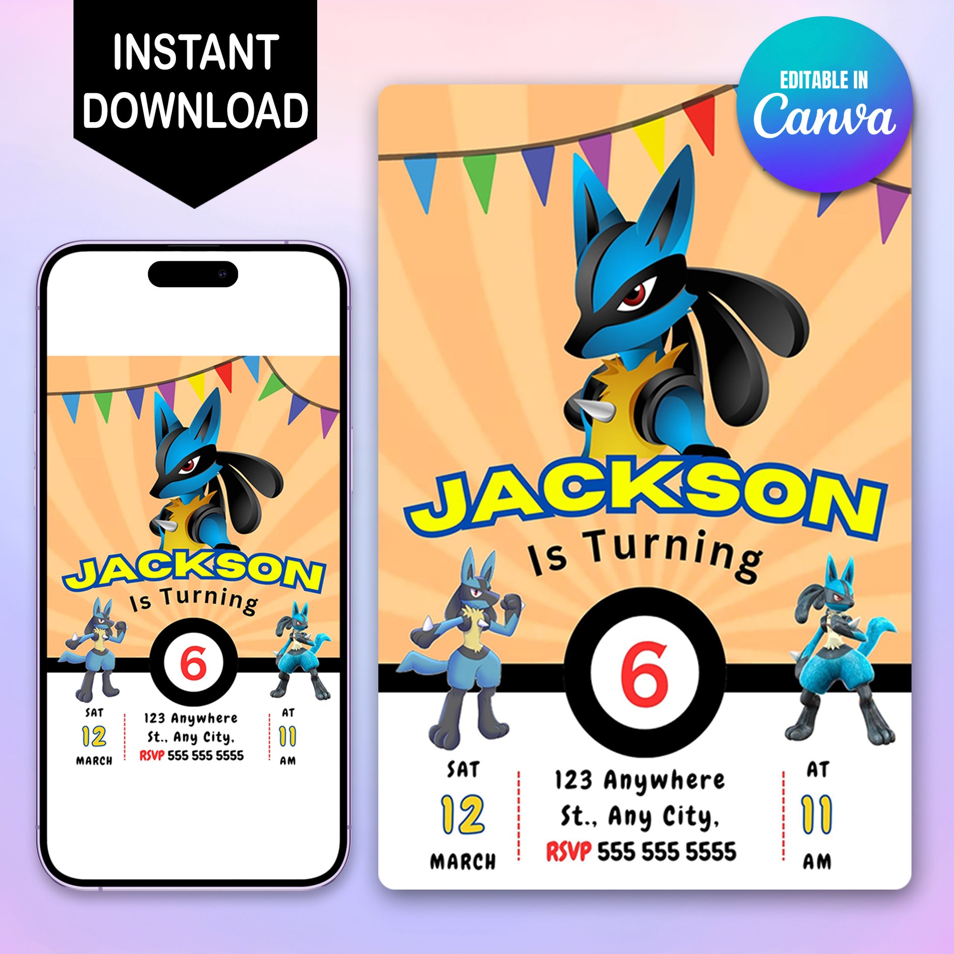 Lucario Pokemon Birthday Party Invitation Template - CreativeRino