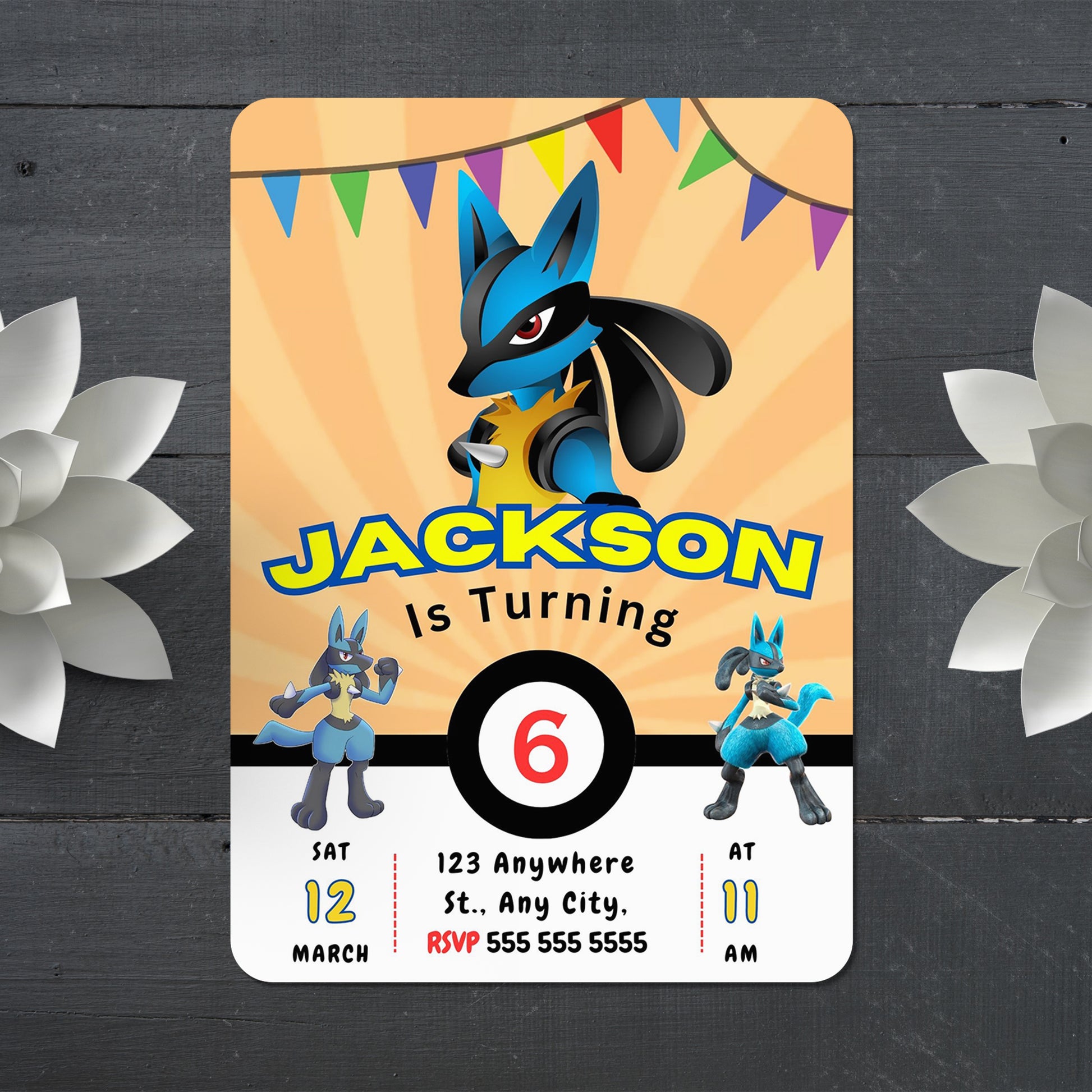 Lucario Pokemon Birthday Party Invitation Template - CreativeRino