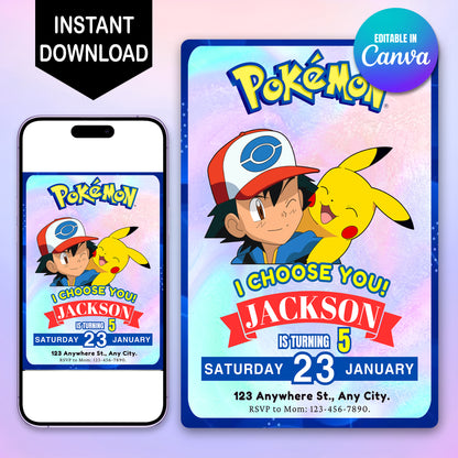 Ash Ketchum Pokemon Invitation Template | Pikachu Birthday Invite - CreativeRino