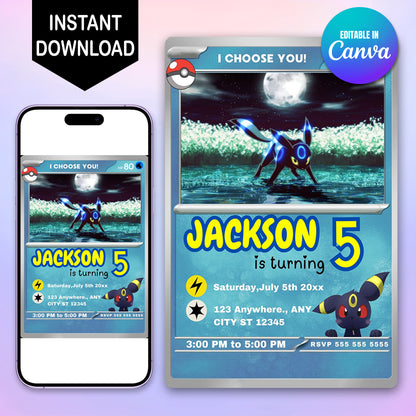 Umbreon Invitation Template | Pokemon Card Birthday Invite - CreativeRino