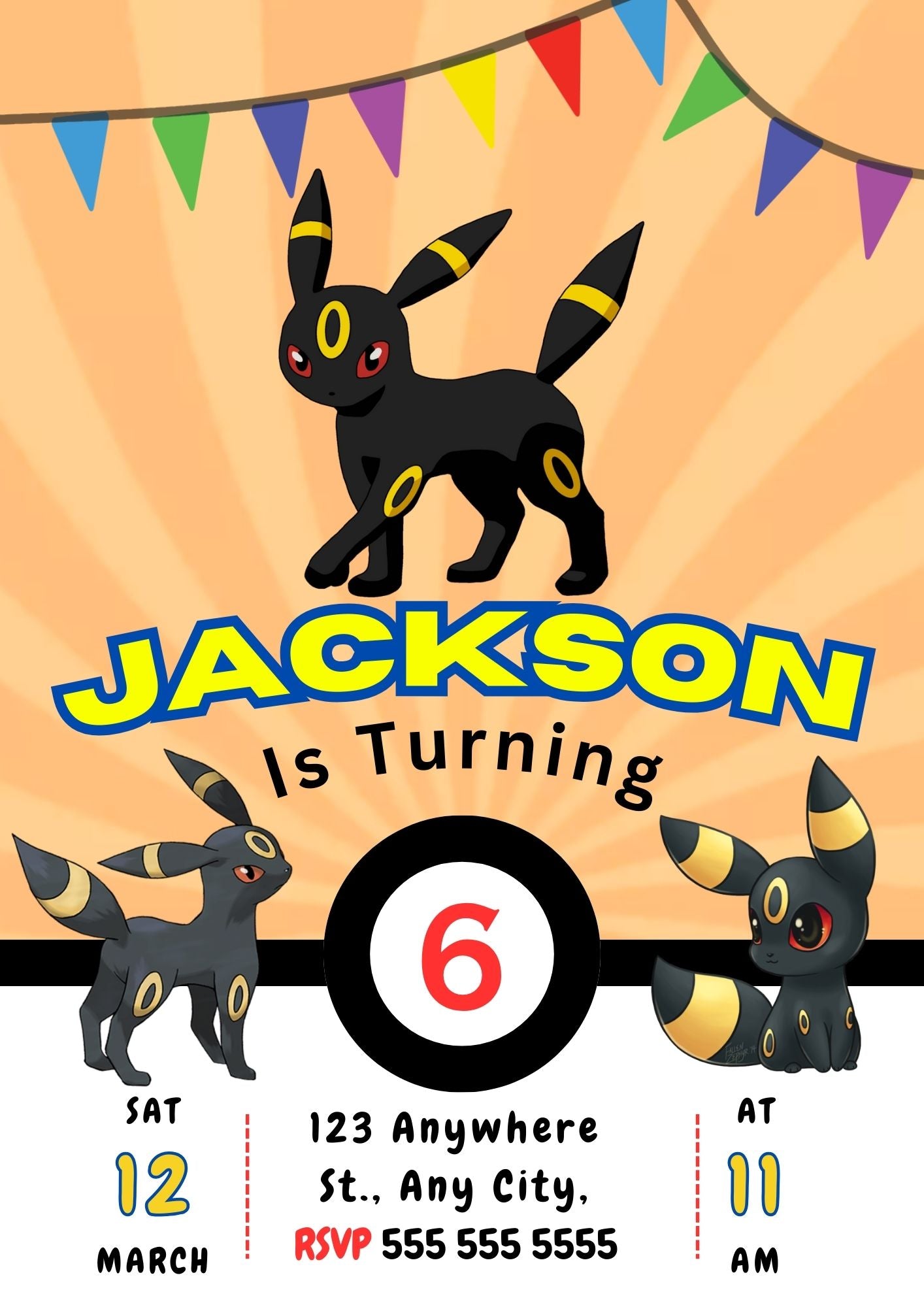 Umbreon Pokemon Birthday Party Invitation Template - CreativeRino