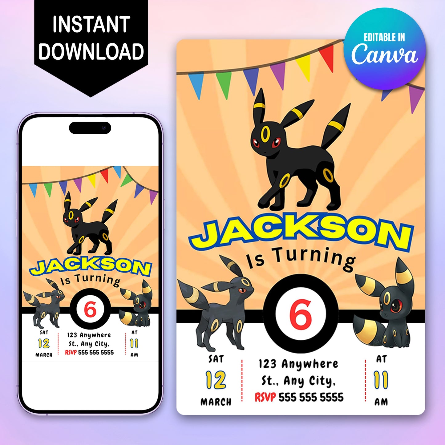 Umbreon Pokemon Birthday Party Invitation Template - CreativeRino
