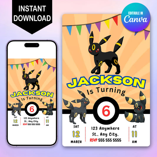 Umbreon Pokemon Birthday Party Invitation Template - CreativeRino