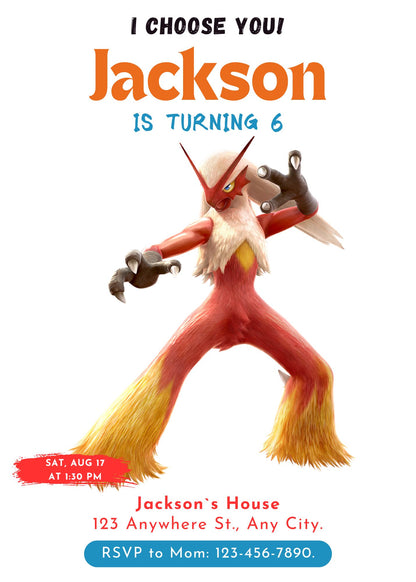 Blaziken Birthday Party Invitation Template | Pokemon Invite - CreativeRino