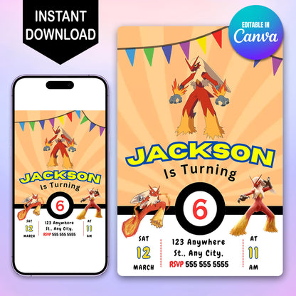 Blaziken Pokemon Birthday Party Invitation Template - CreativeRino