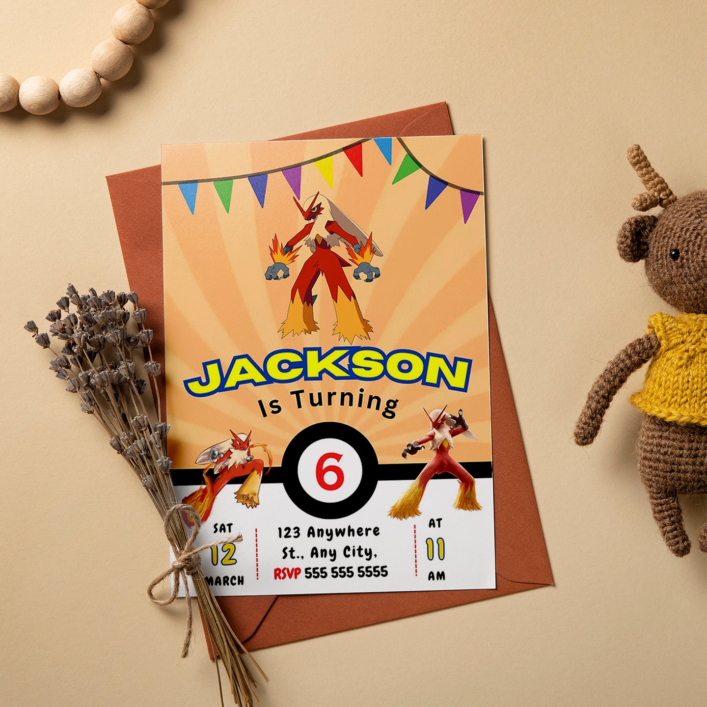 Blaziken Pokemon Birthday Party Invitation Template - CreativeRino