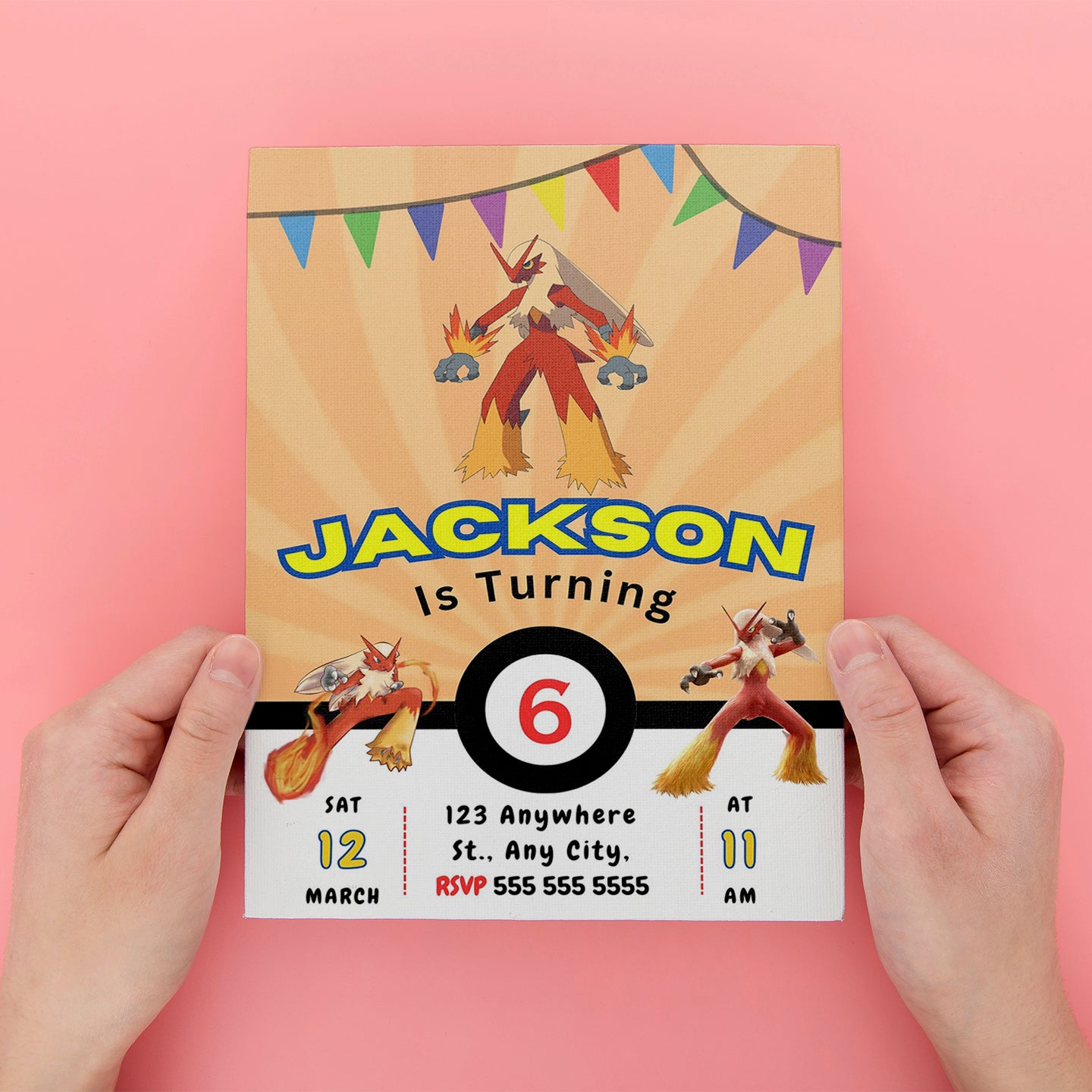 Blaziken Pokemon Birthday Party Invitation Template - CreativeRino