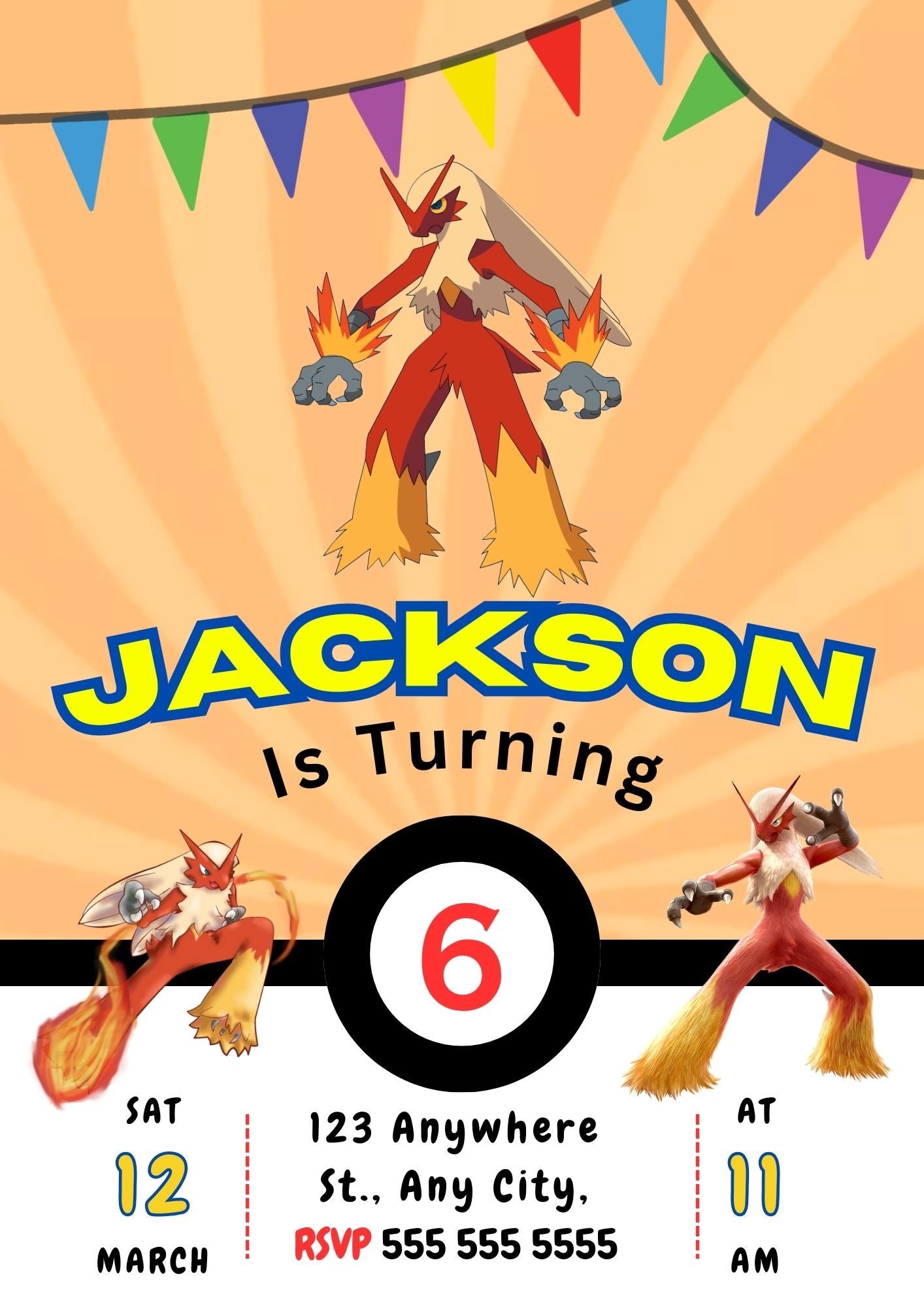 Blaziken Pokemon Birthday Party Invitation Template - CreativeRino