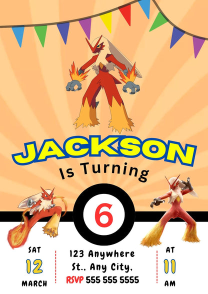 Blaziken Pokemon Birthday Party Invitation Template - CreativeRino
