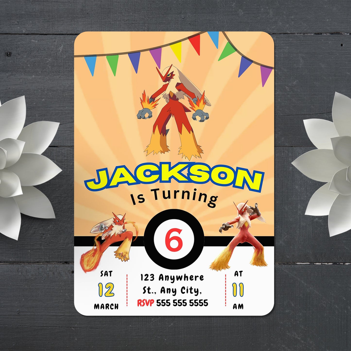 Blaziken Pokemon Birthday Party Invitation Template - CreativeRino
