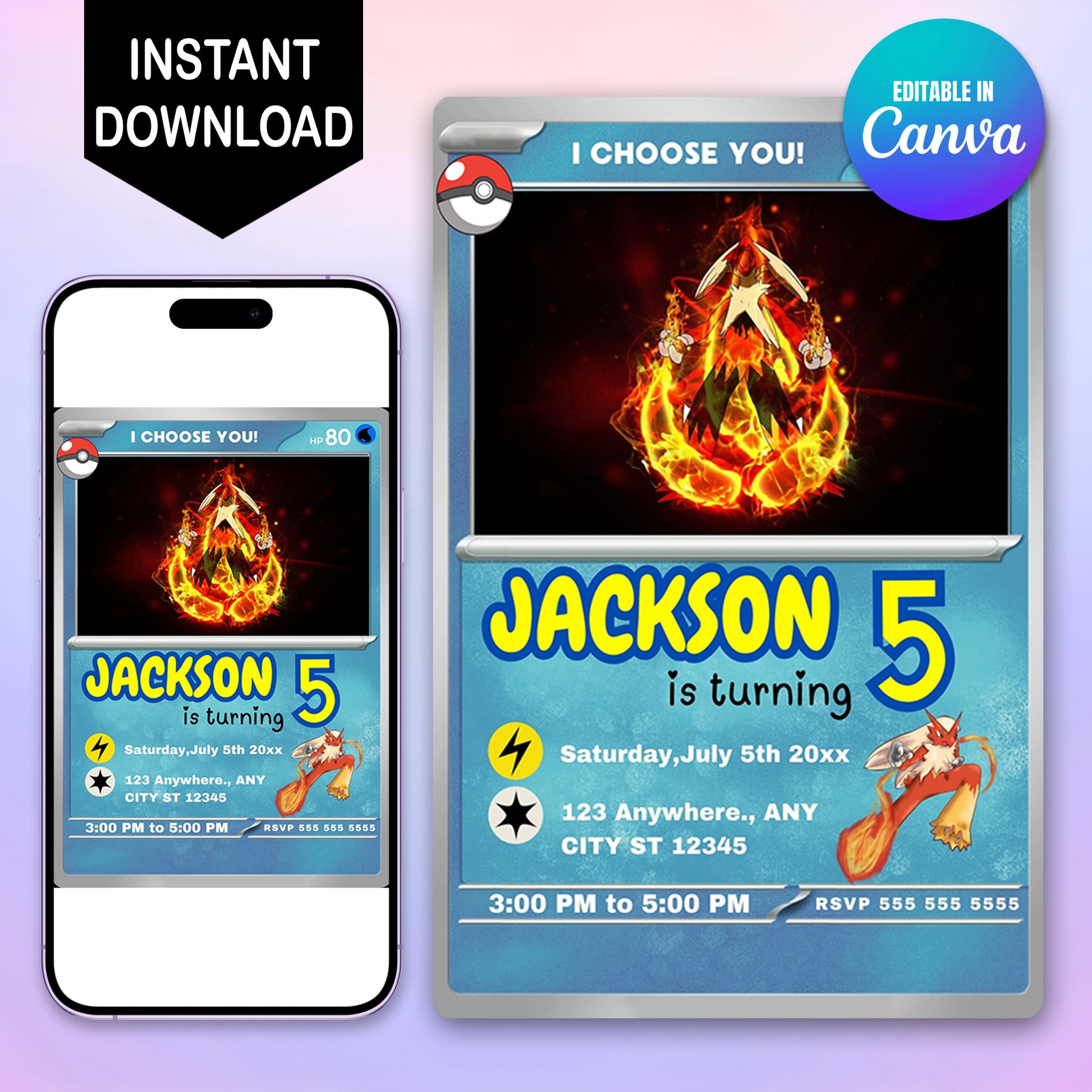 Blaziken Invitation Template | Pokemon Card Birthday Invite - CreativeRino
