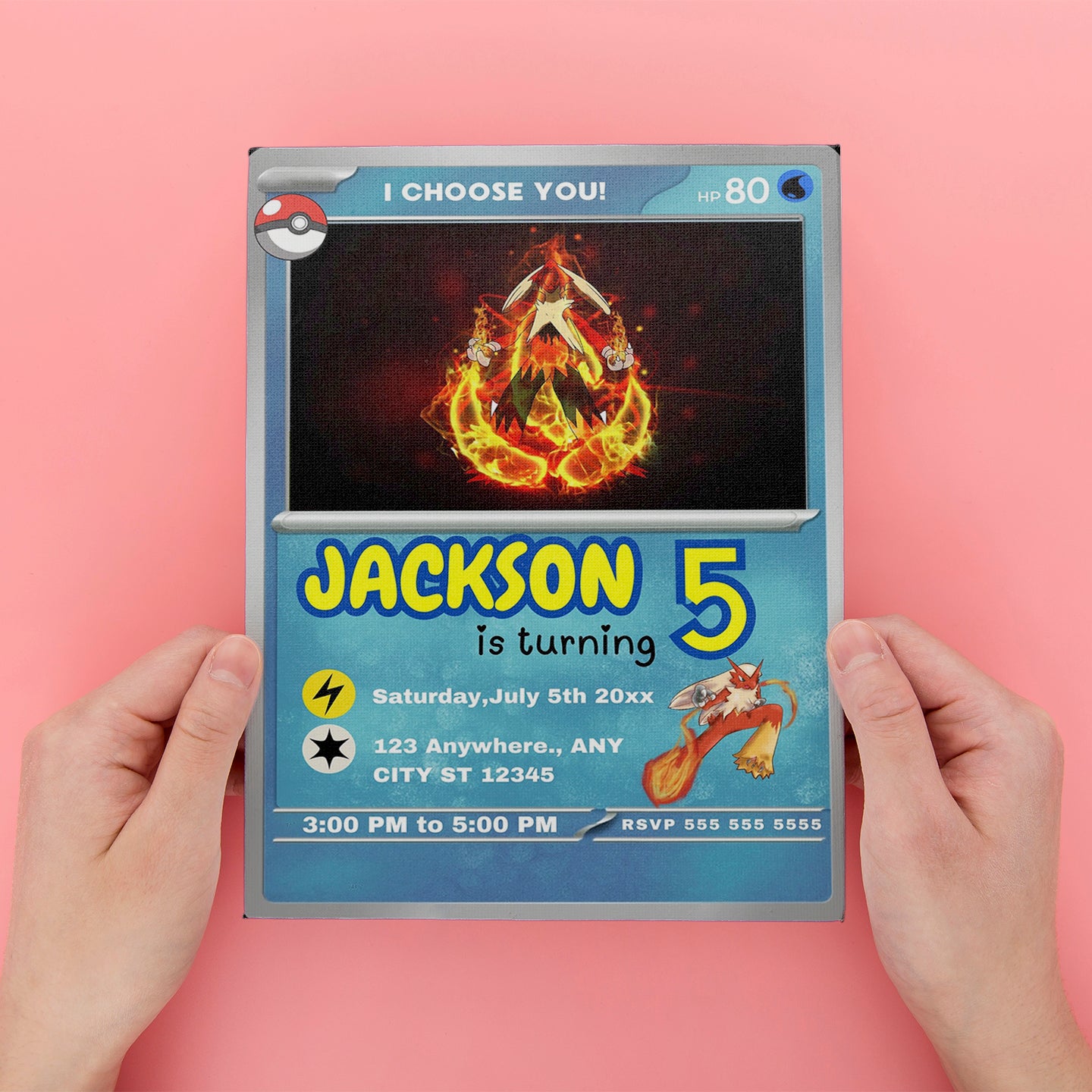 Blaziken Invitation Template | Pokemon Card Birthday Invite - CreativeRino