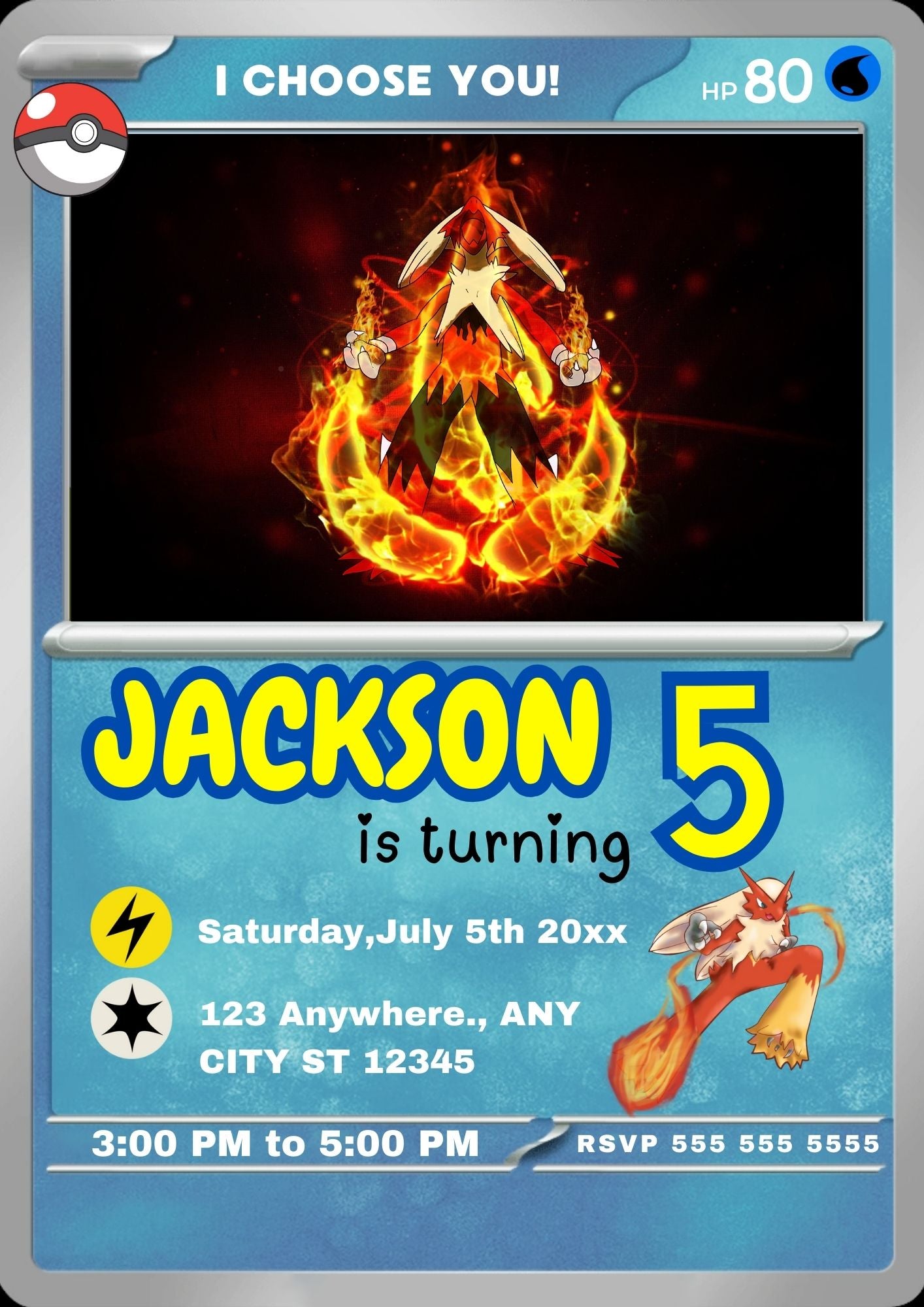 Blaziken Invitation Template | Pokemon Card Birthday Invite - CreativeRino
