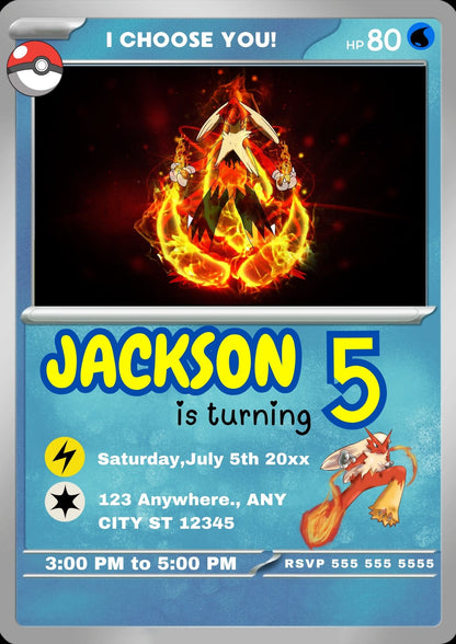Blaziken Invitation Template | Pokemon Card Birthday Invite - CreativeRino