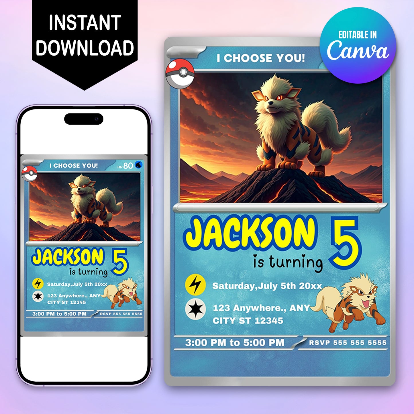 Arcanine Invitation Template | Pokemon Card Birthday Invite - CreativeRino