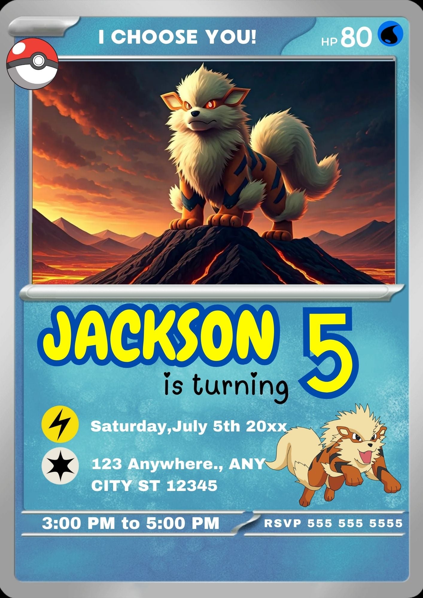 Arcanine Invitation Template | Pokemon Card Birthday Invite - CreativeRino