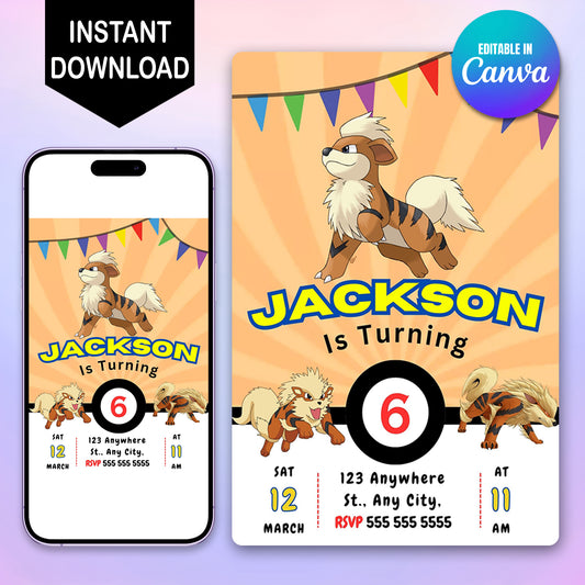 Arcanine Pokemon Birthday Party Invitation Template - CreativeRino