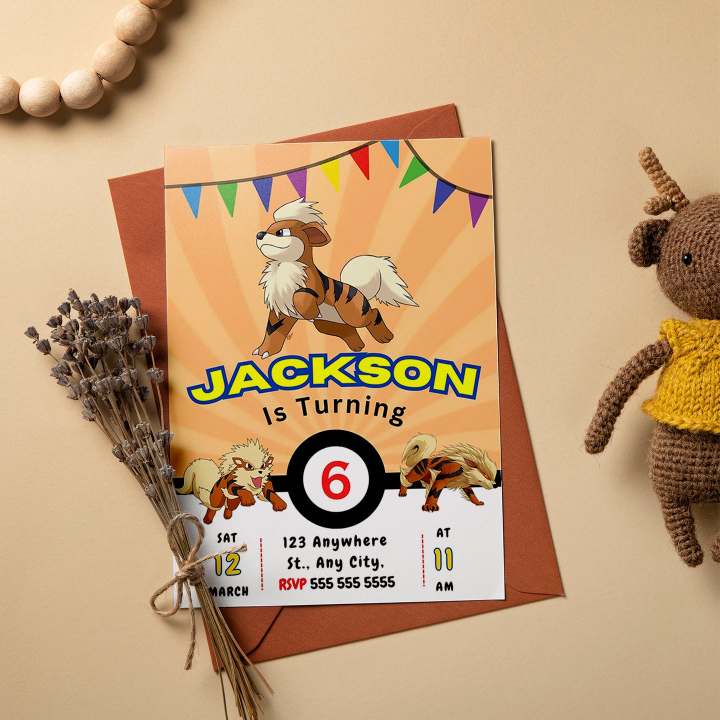 Arcanine Pokemon Birthday Party Invitation Template - CreativeRino