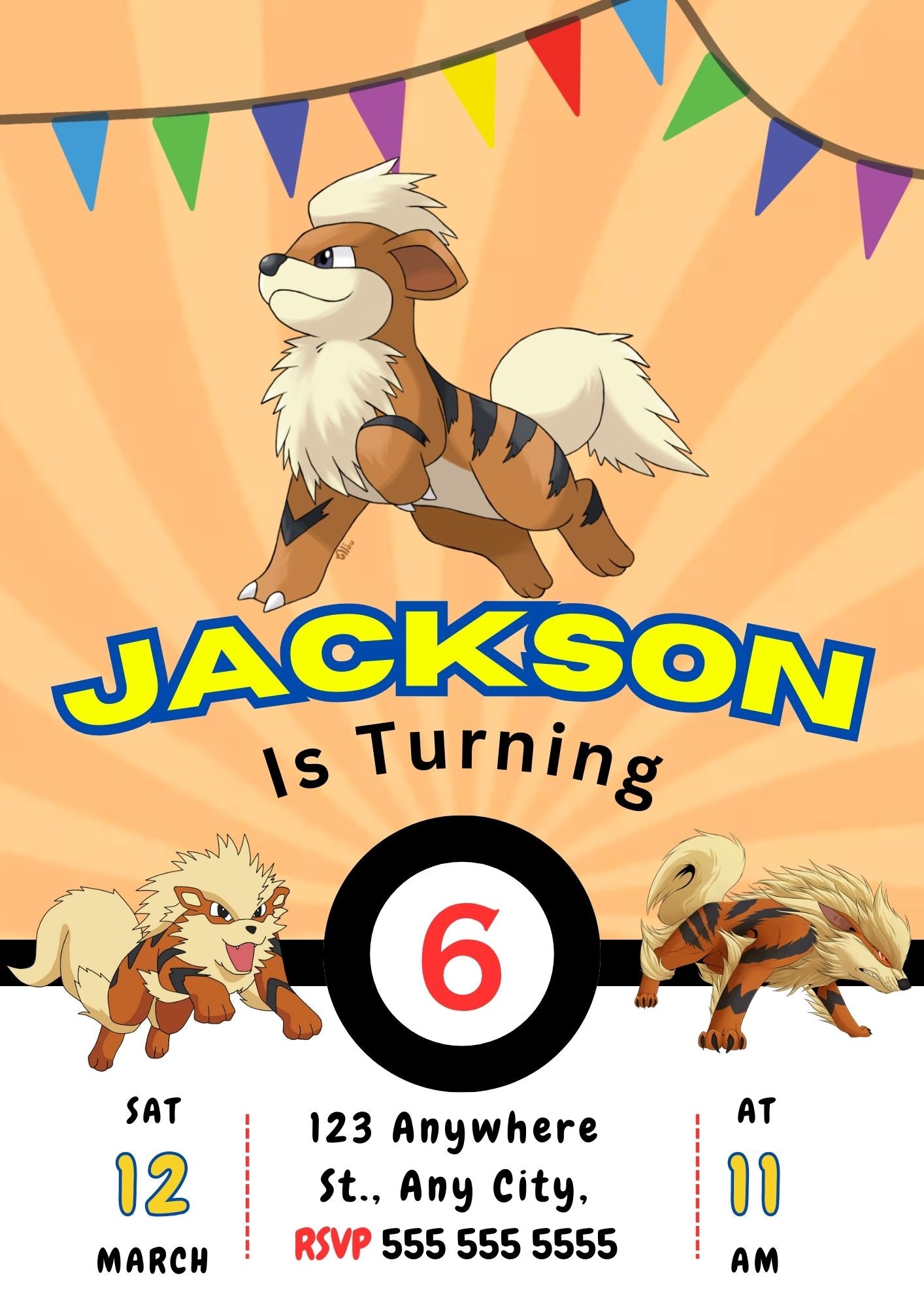 Arcanine Pokemon Birthday Party Invitation Template - CreativeRino