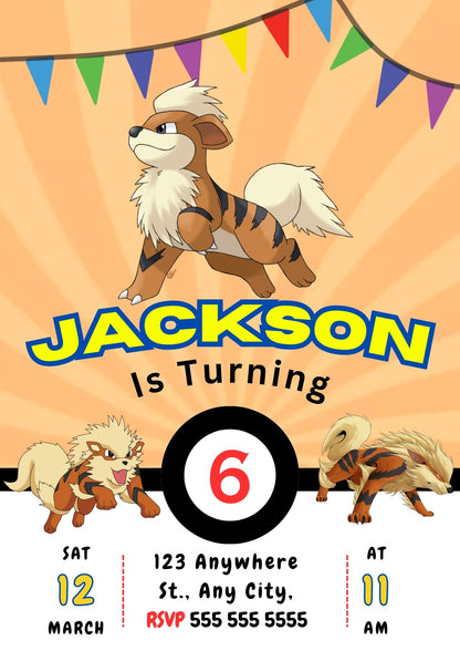 Arcanine Pokemon Birthday Party Invitation Template - CreativeRino