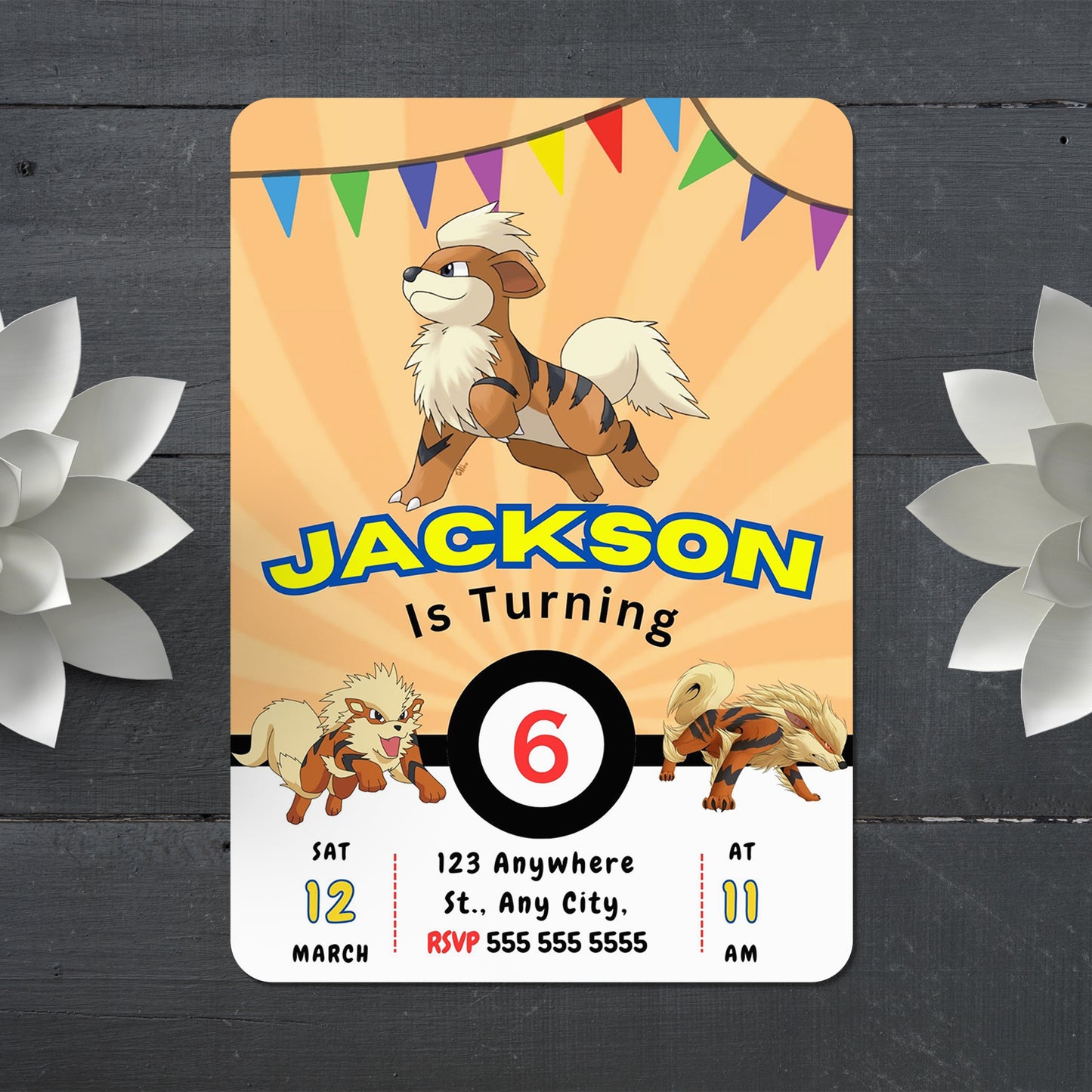 Arcanine Pokemon Birthday Party Invitation Template - CreativeRino