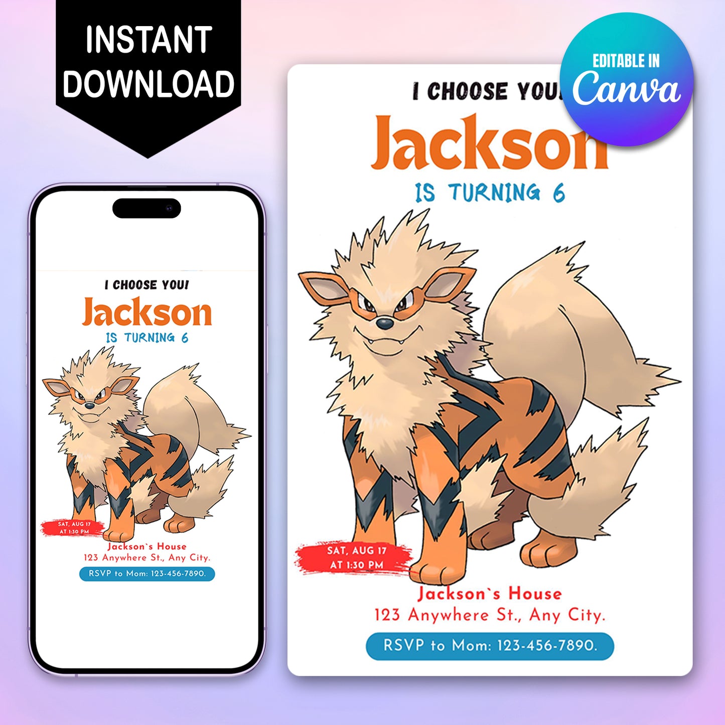 Arcanine Birthday Party Invitation Template | Pokemon Invite - CreativeRino