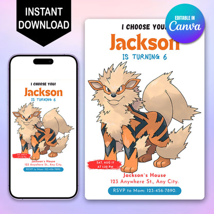 Arcanine Birthday Party Invitation Template | Pokemon Invite - CreativeRino