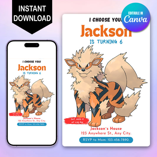 Arcanine Birthday Party Invitation Template | Pokemon Invite - CreativeRino