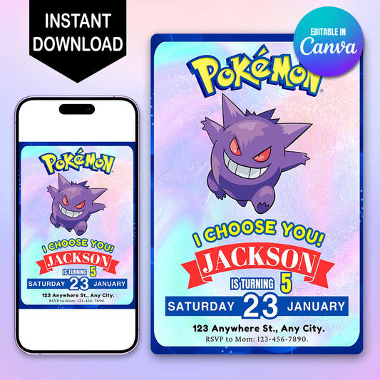 Gengar Invitation Template | Pokemon Birthday Invite - CreativeRino