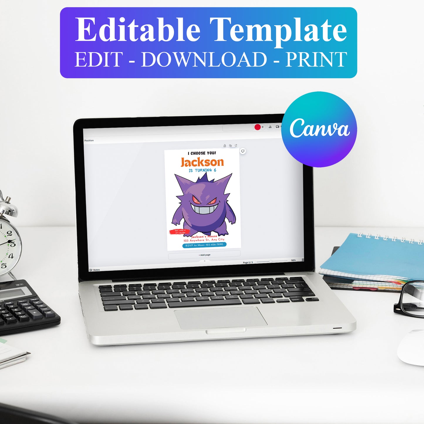 Gengar Birthday Party Invitation Template | Pokemon Invite - CreativeRino