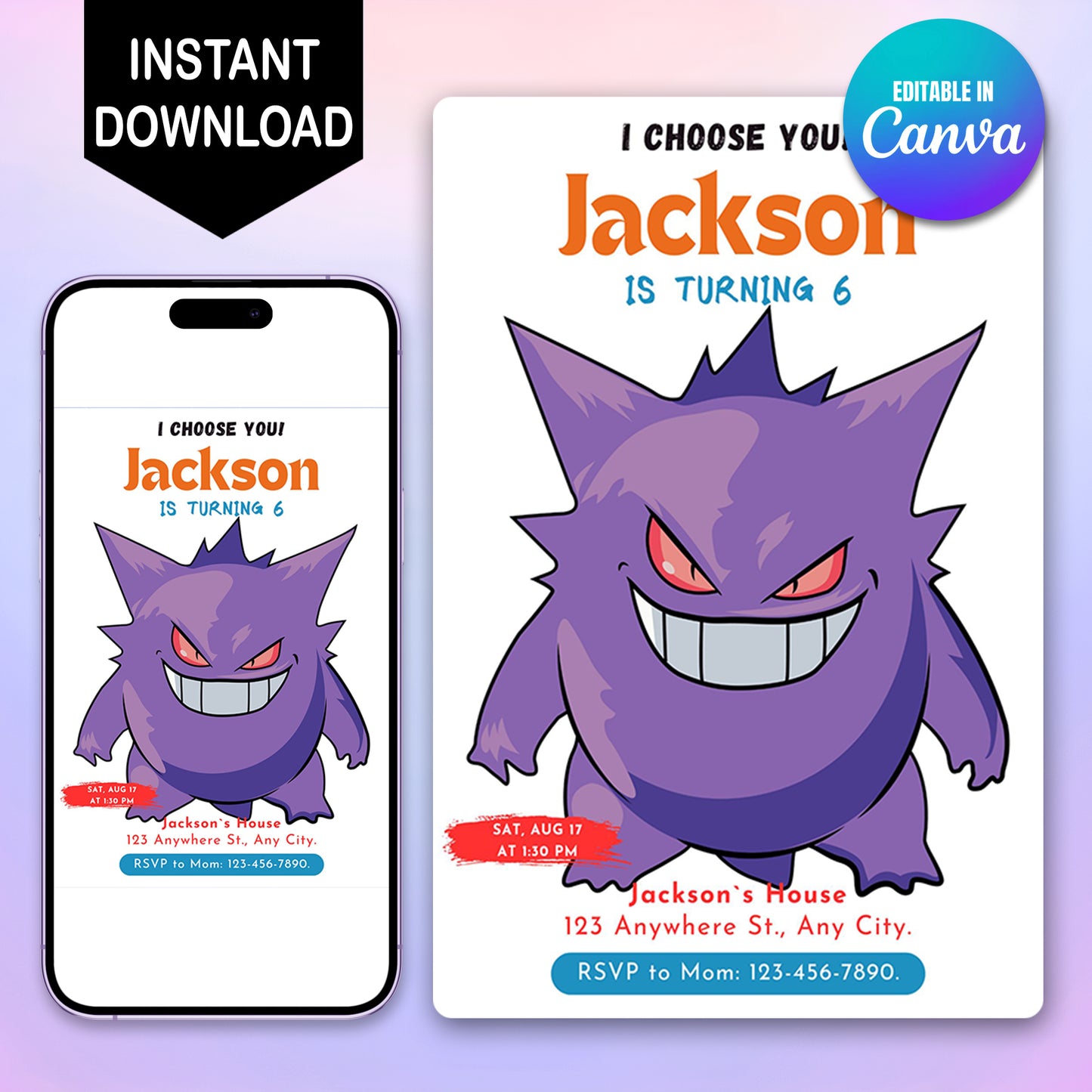 Gengar Birthday Party Invitation Template | Pokemon Invite - CreativeRino