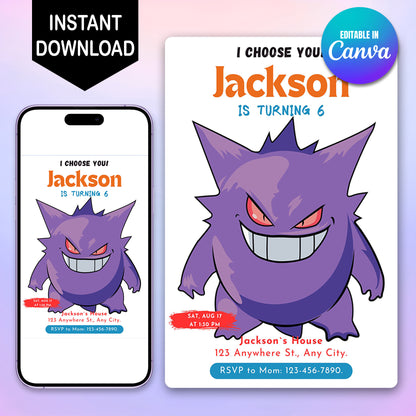 Gengar Birthday Party Invitation Template | Pokemon Invite - CreativeRino