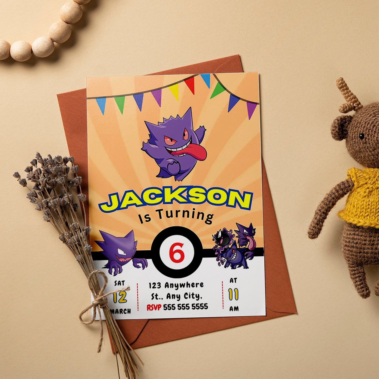 Gengar Pokemon Birthday Party Invitation Template - CreativeRino
