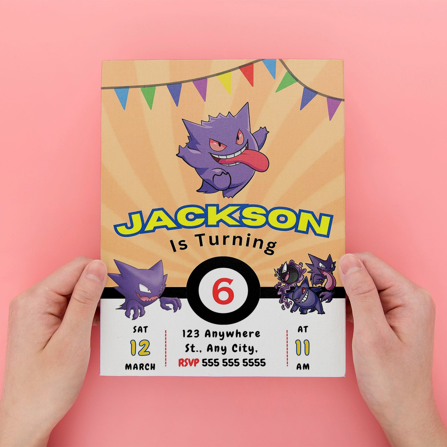 Gengar Pokemon Birthday Party Invitation Template - CreativeRino