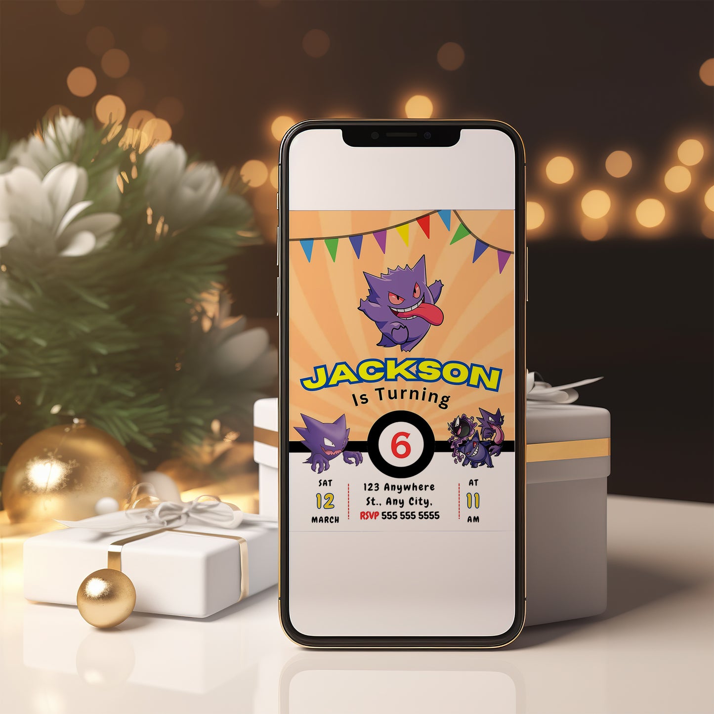 Gengar Pokemon Birthday Party Invitation Template - CreativeRino