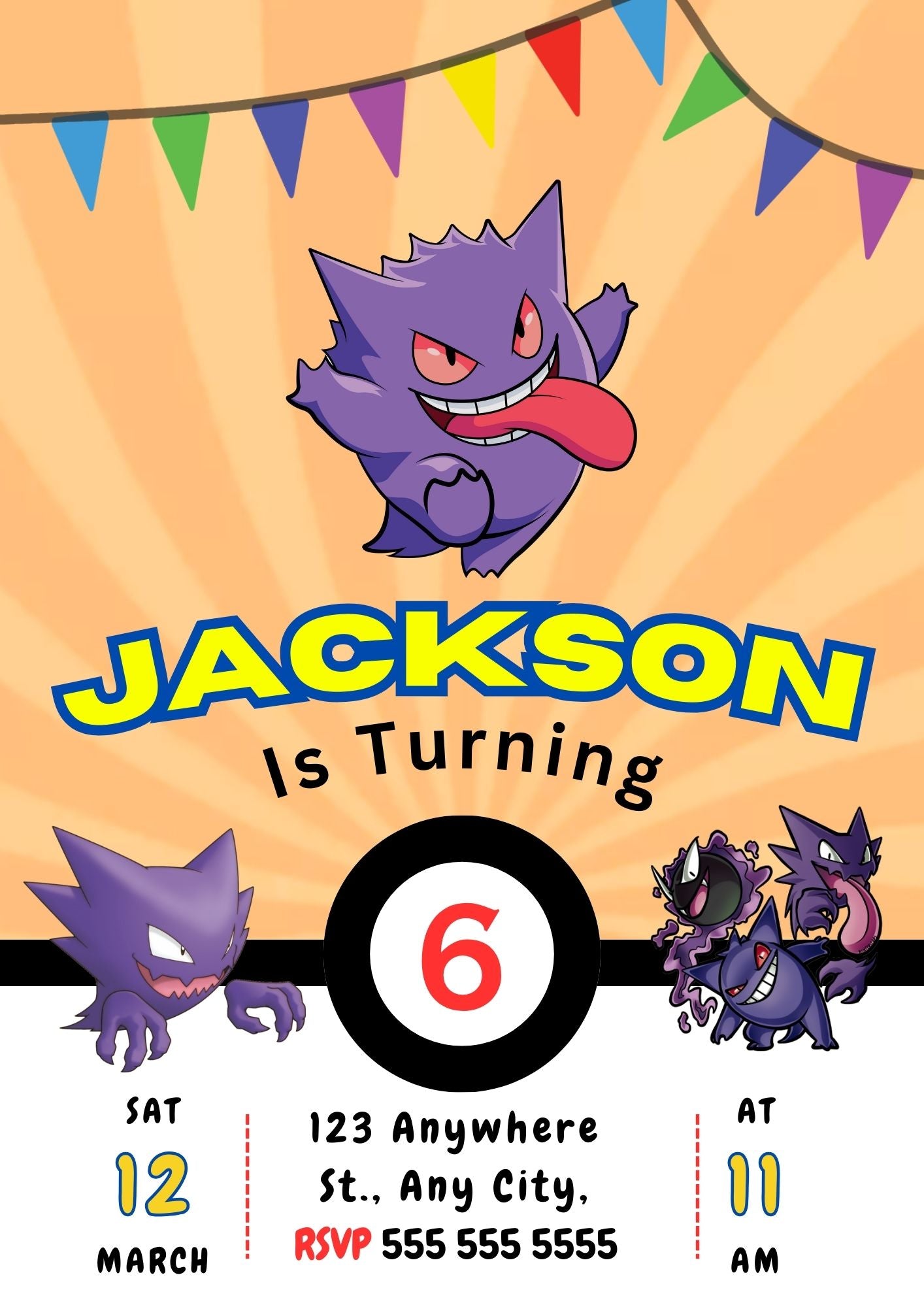 Gengar Pokemon Birthday Party Invitation Template - CreativeRino
