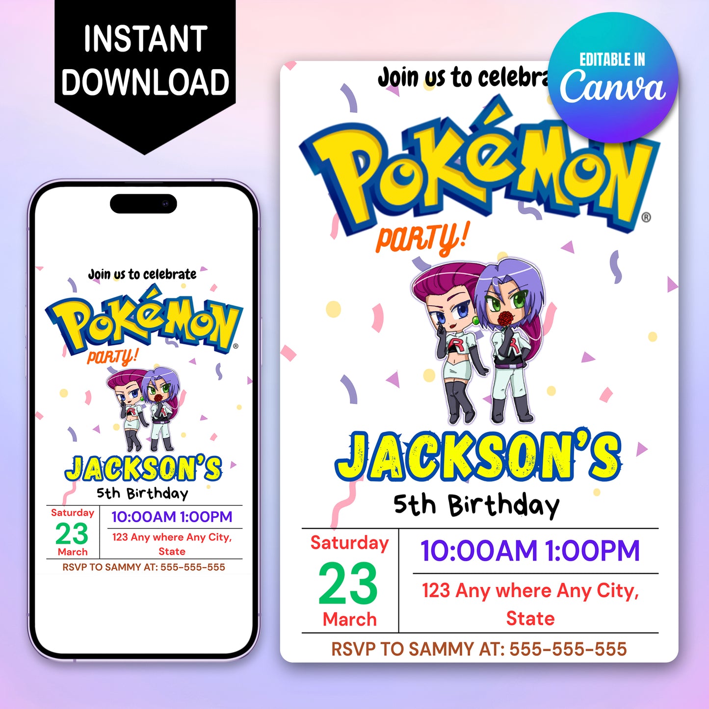 Jessie and James Pokemon Birthday Party Invitation Template | Pikachu Invite - CreativeRino