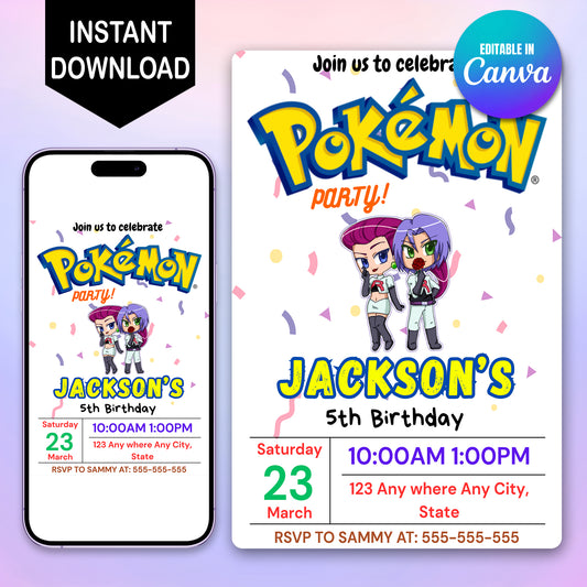 Jessie and James Pokemon Birthday Party Invitation Template | Pikachu Invite - CreativeRino