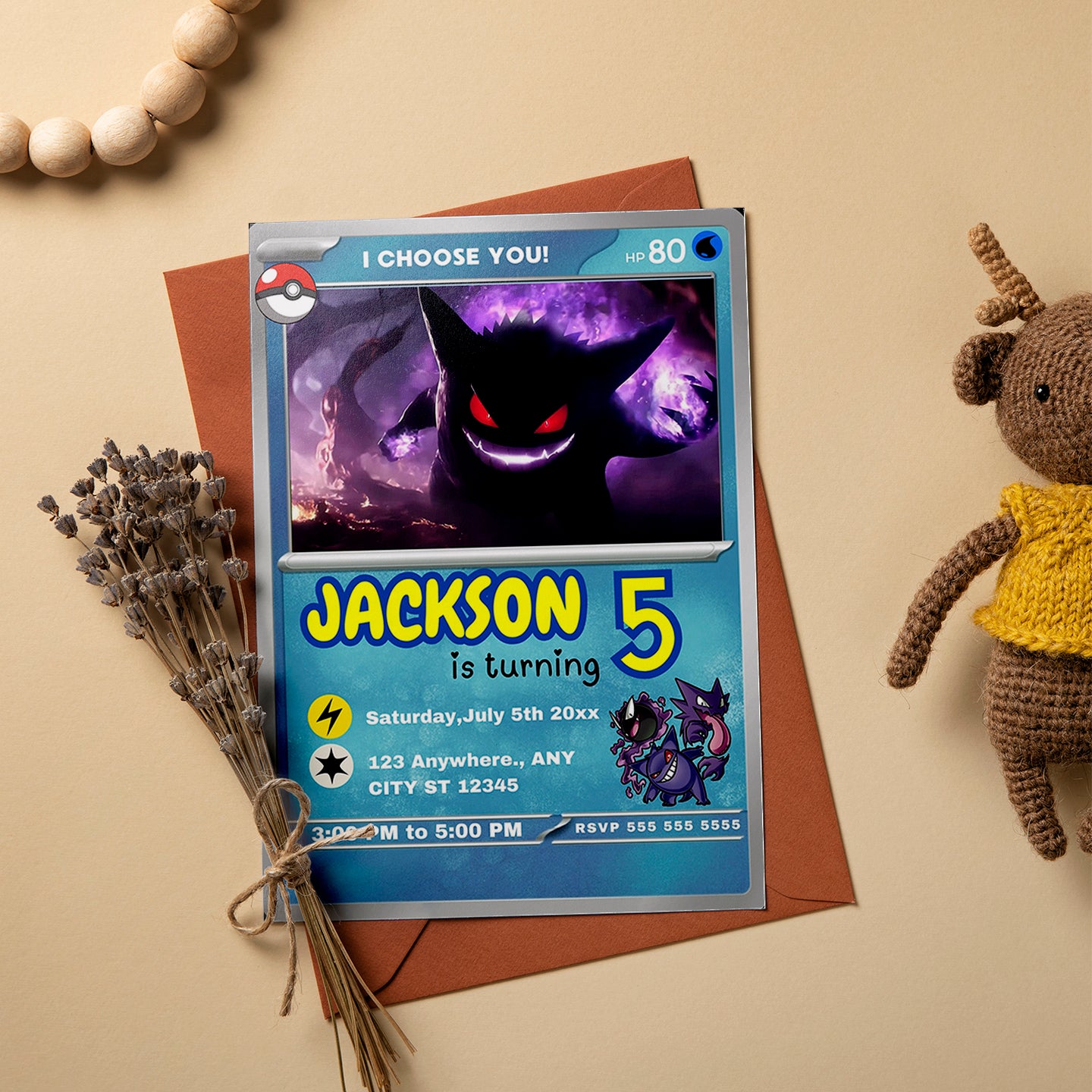 Gengar Invitation Template | Pokemon Card Birthday Invite - CreativeRino