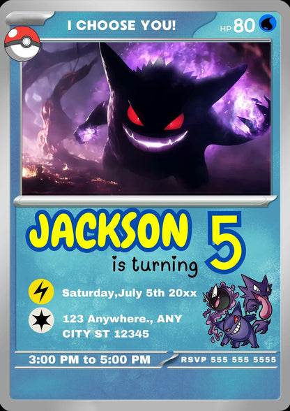 Gengar Invitation Template | Pokemon Card Birthday Invite - CreativeRino