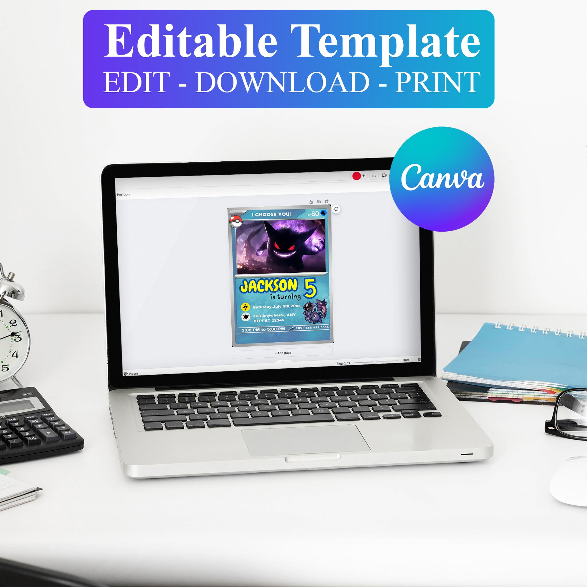 Gengar Invitation Template | Pokemon Card Birthday Invite - CreativeRino