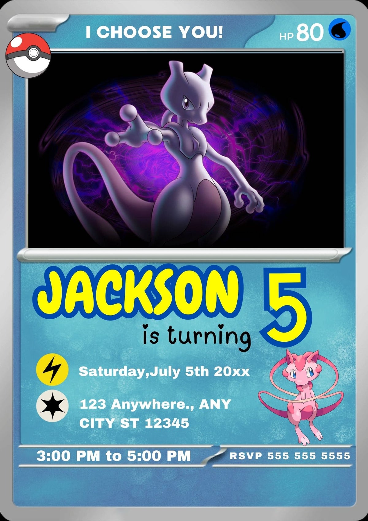 mewtwo Invitation Template | Pokemon Card Birthday Invite - CreativeRino