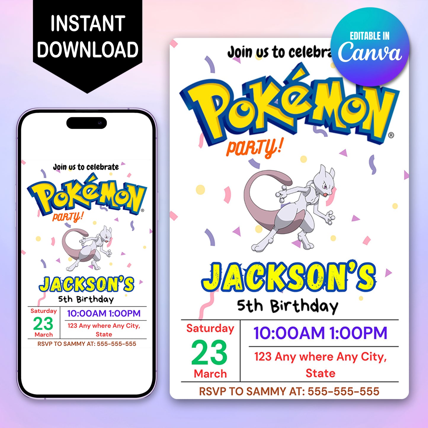 Mewtwo Birthday Invitation Template | Pokemon Invite - CreativeRino