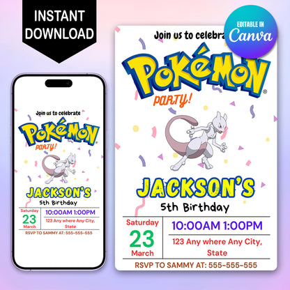 Mewtwo Birthday Invitation Template | Pokemon Invite - CreativeRino