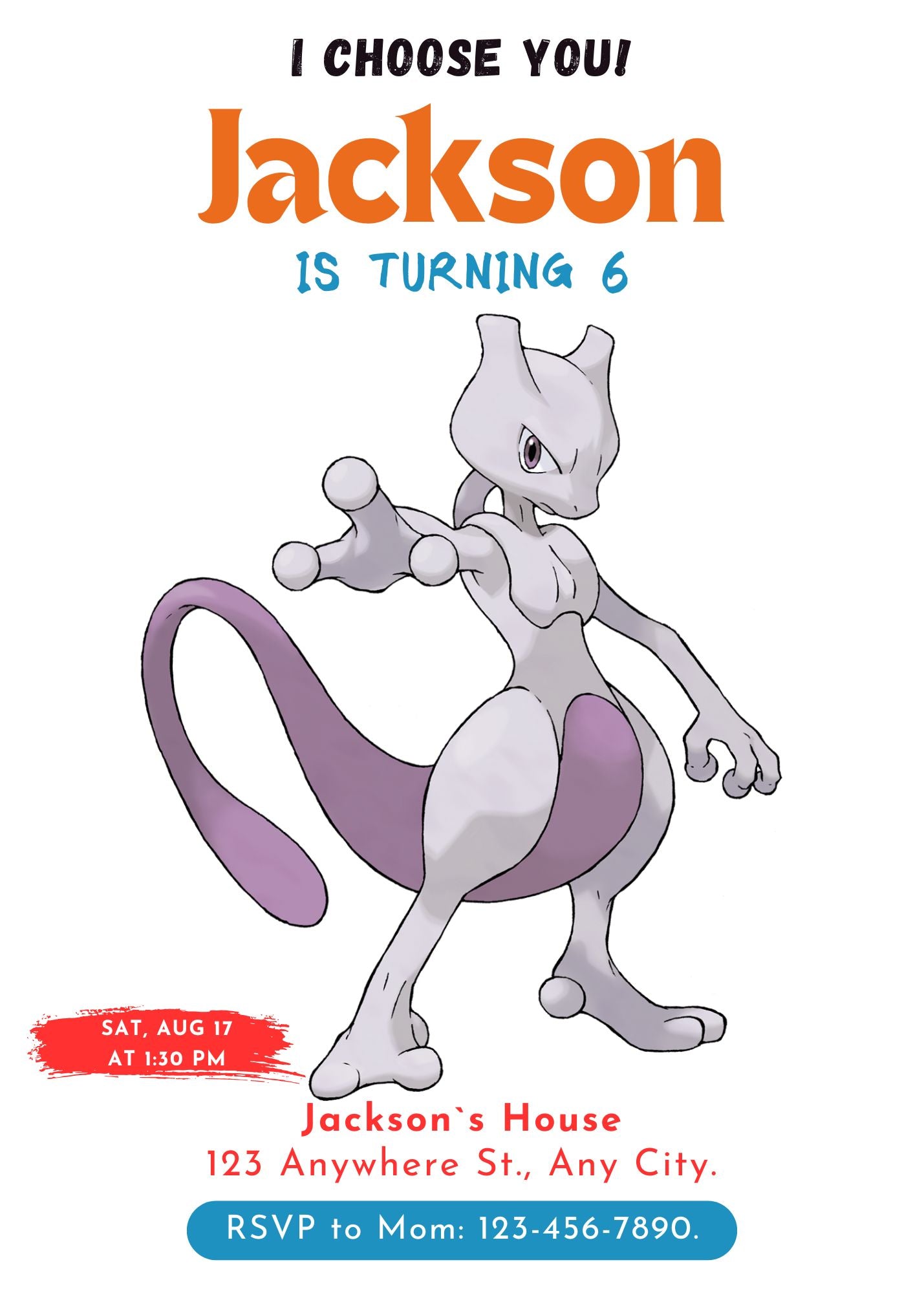 Mewtwo Birthday Party Invitation Template | Pokemon Invite - CreativeRino