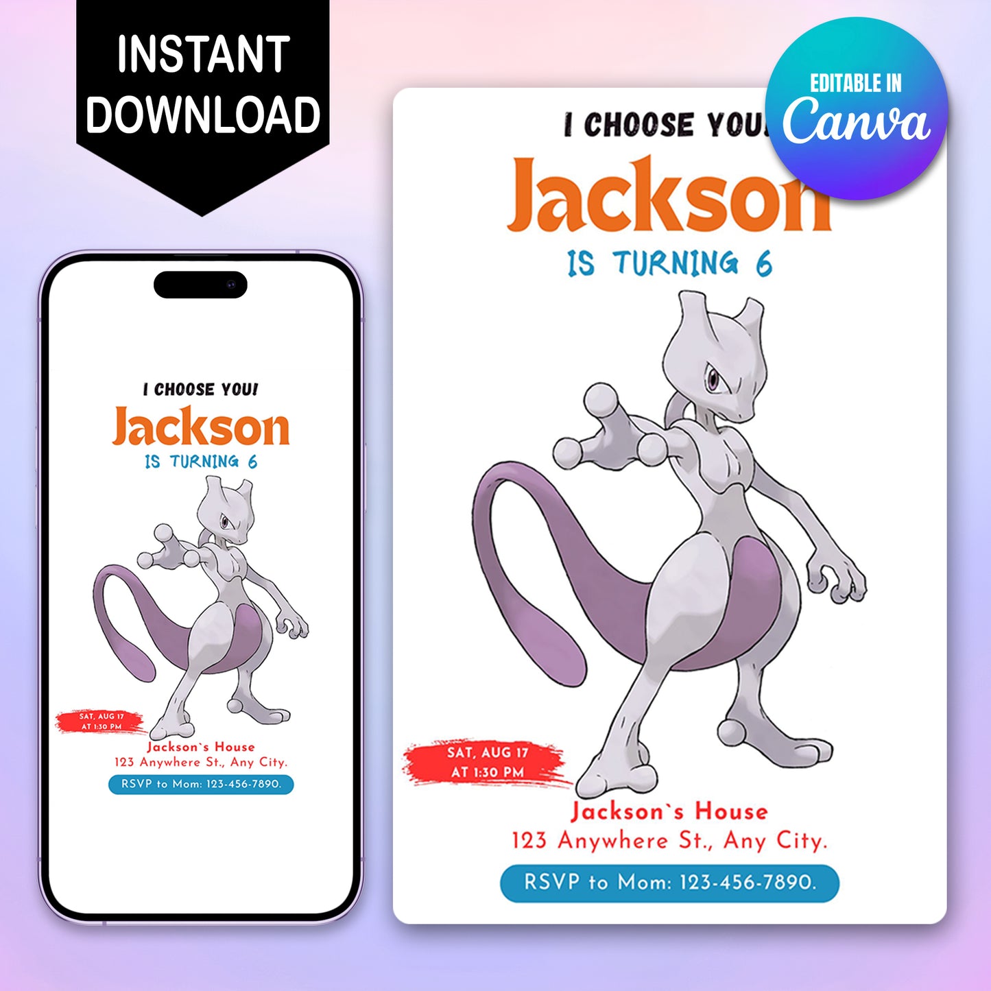 Mewtwo Birthday Party Invitation Template | Pokemon Invite - CreativeRino