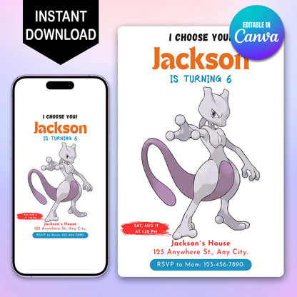 Mewtwo Birthday Party Invitation Template | Pokemon Invite - CreativeRino